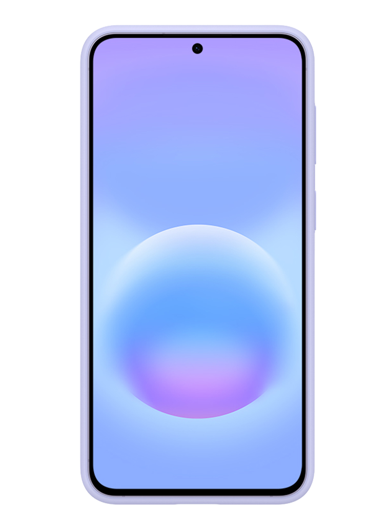 Un smartphone morado con fondo degradado y un círculo.