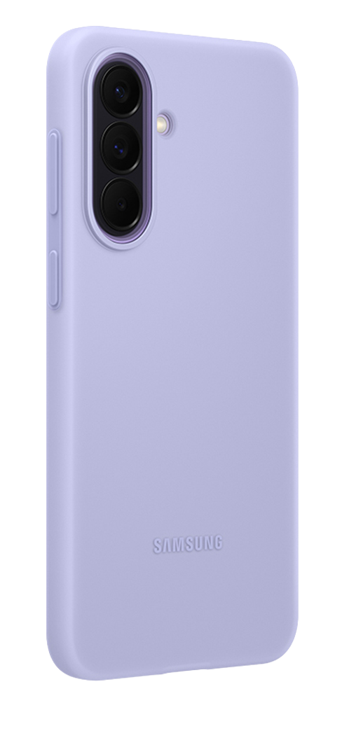 Una funda morada Samsung para teléfono con lente de cámara y logo.