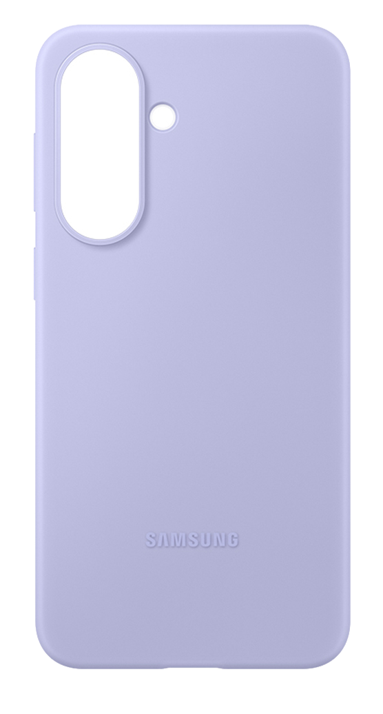 Una funda de teléfono lavanda con recorte para cámara y logo de Samsung.