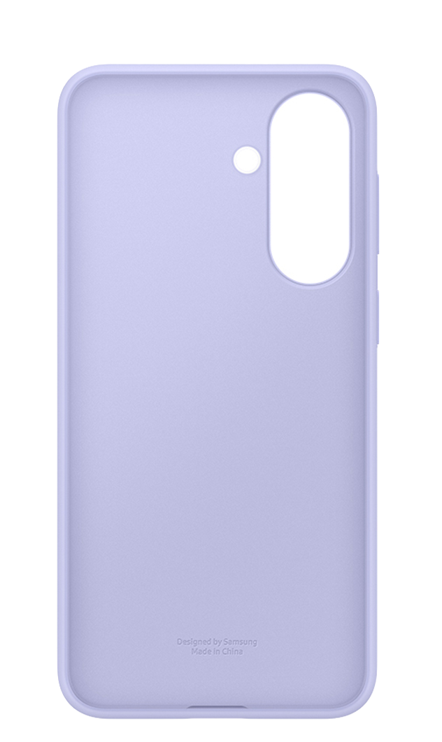 Funda de teléfono lavanda con recorte de cámara y logo Samsung.