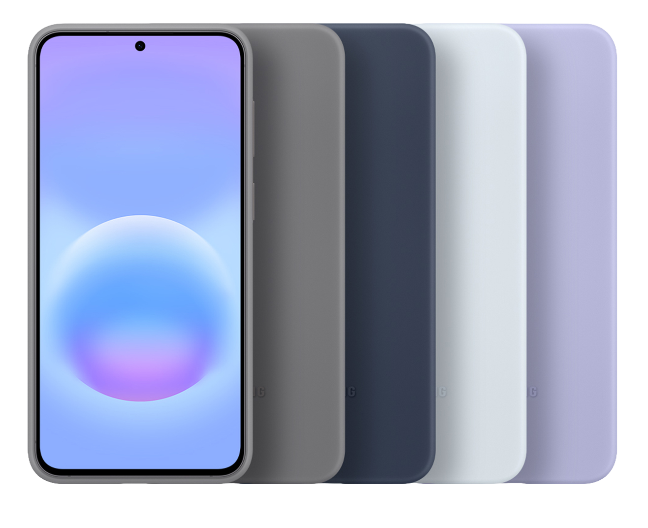 Un smartphone con fondo de pantalla azul y morado y cuatro fundas al lado.