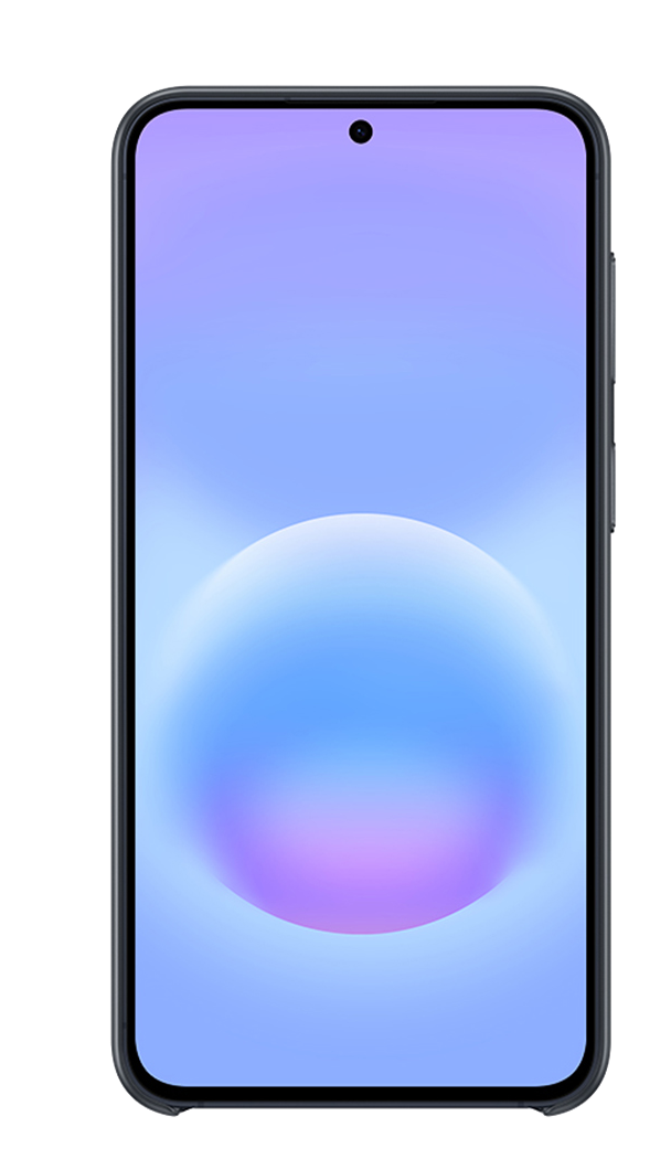 Un smartphone oscuro con un fondo degradado y un orbe grande.