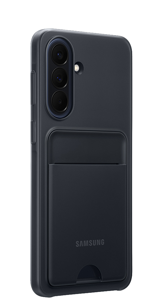 Funda Samsung gris oscuro con tres cámaras y ranura para tarjetas.