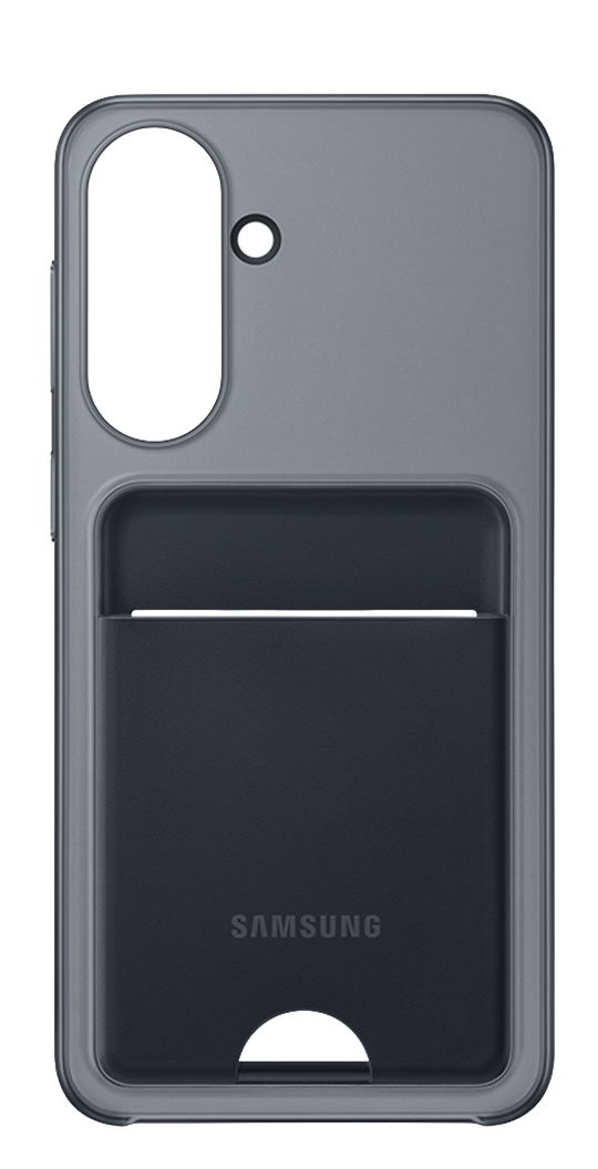 Funda de teléfono gris con bolsillo y logo Samsung.