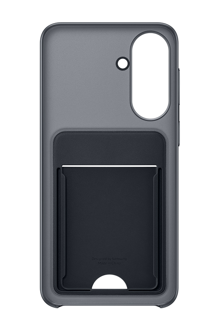 Funda de teléfono gris con ranura para tarjetas y recorte para cámara.