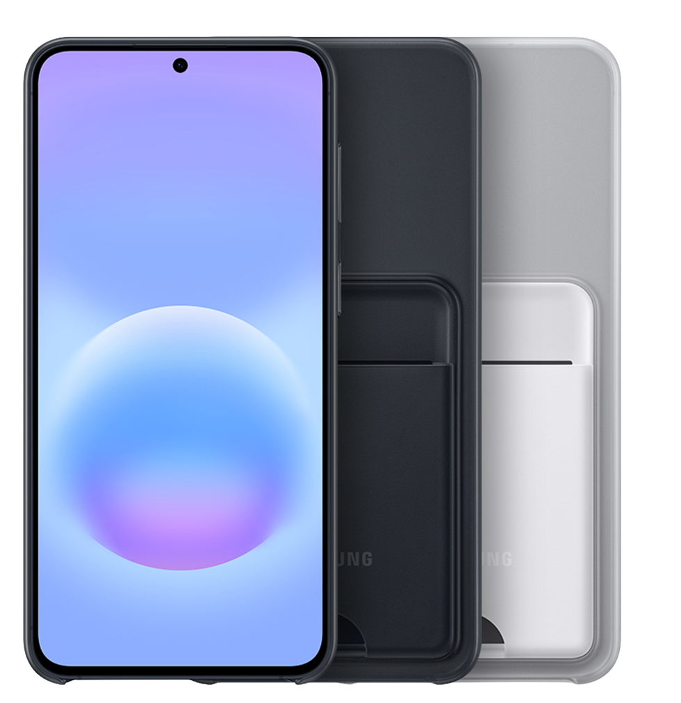 Un smartphone con fondo azul-púrpura y tres fundas.