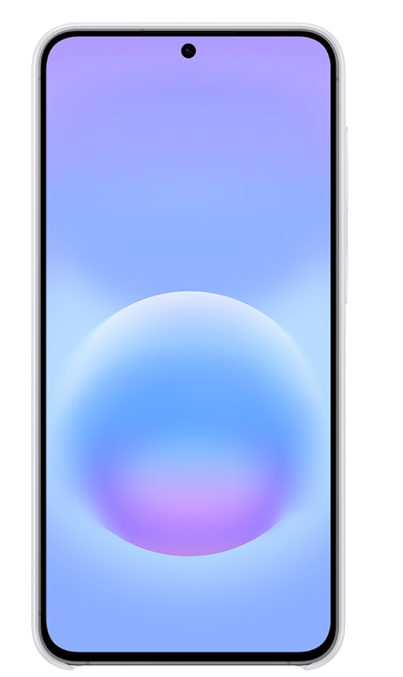 Un smartphone blanco con un fondo de pantalla degradado azul y morado.