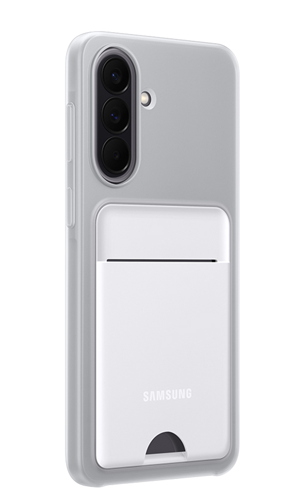 Una funda de teléfono transparente con tarjetero blanco en la parte trasera.