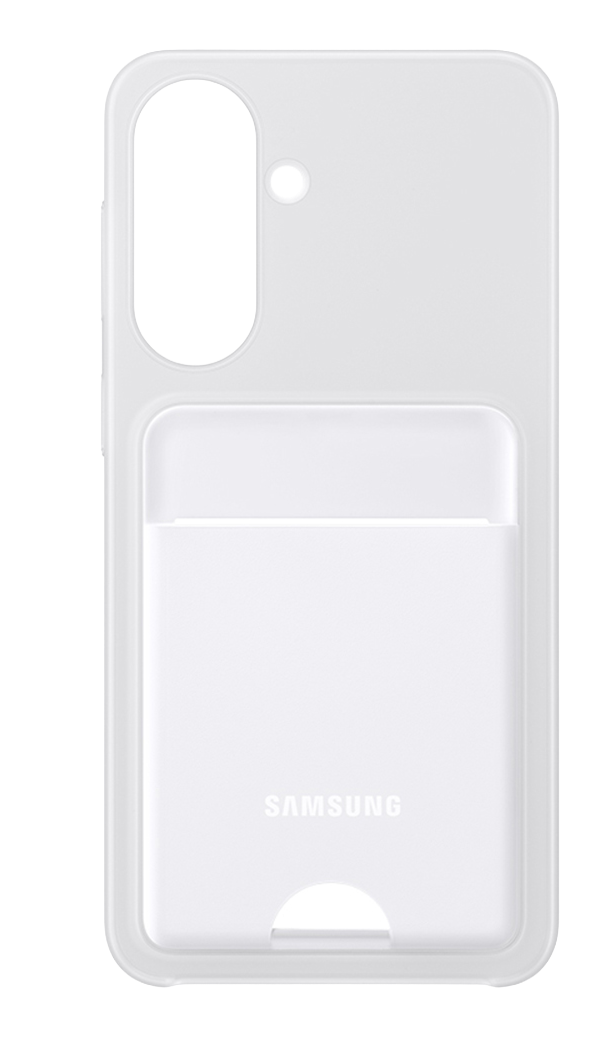 Funda blanca para teléfono con ranura para tarjetas y logo Samsung.