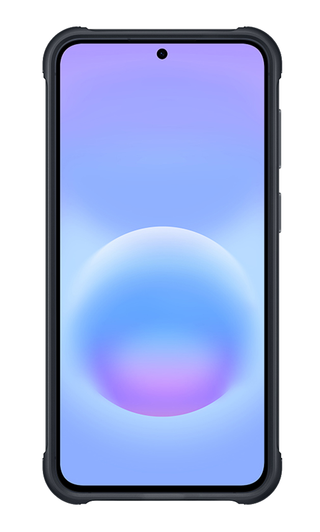 Un teléfono inteligente oscuro con un fondo de pantalla degradado azul y púrpura.