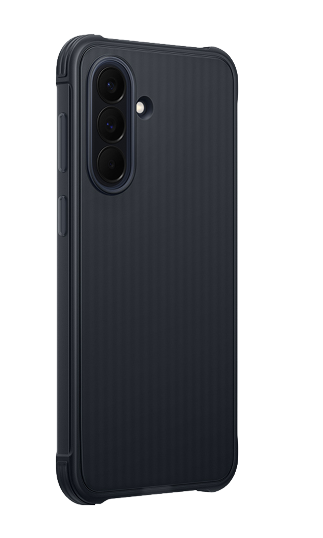 Funda de teléfono gris oscuro con tres lentes de cámara y flash.
