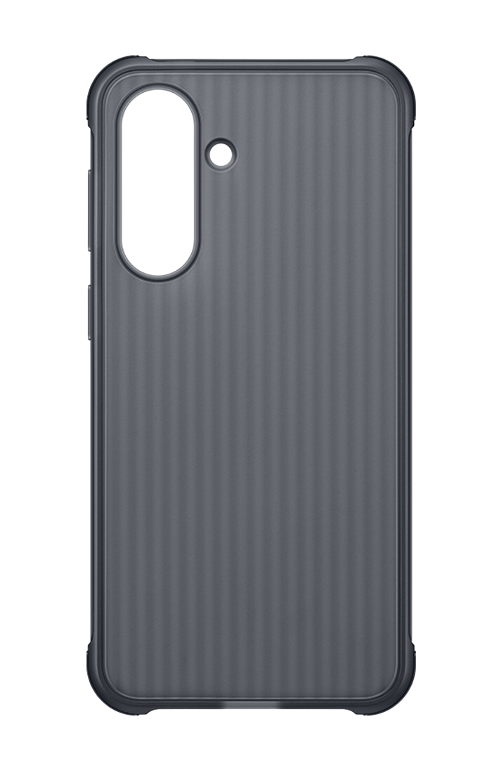 Funda de teléfono gris oscuro con ranuras verticales y recorte de cámara.