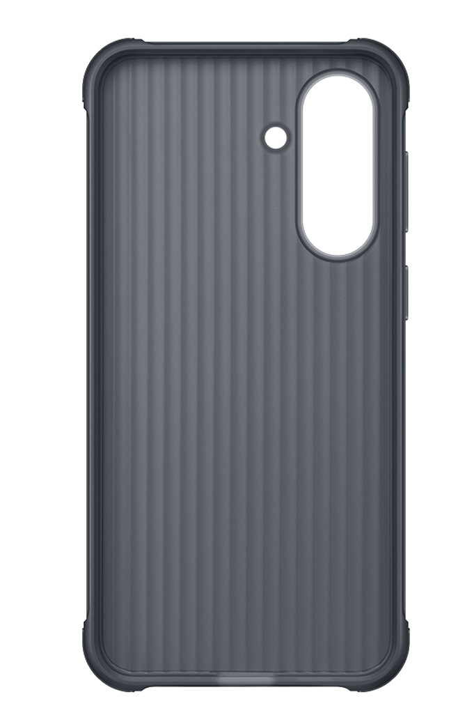 Funda de teléfono gris oscuro con ranuras verticales y recorte para cámara.