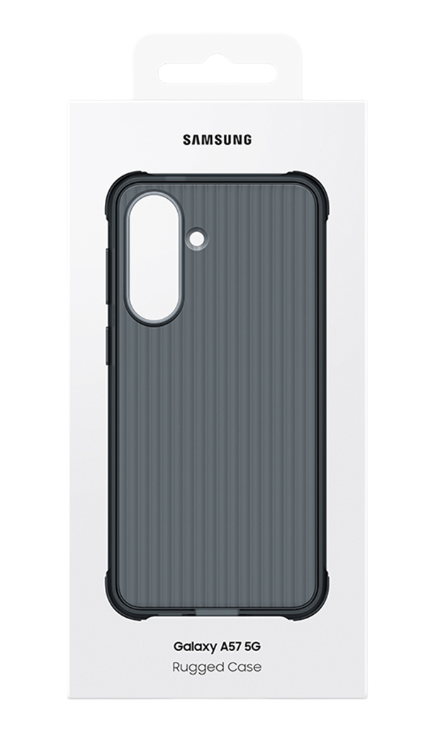 Funda resistente Samsung Galaxy A57 5G en gris oscuro con textura acanalada.