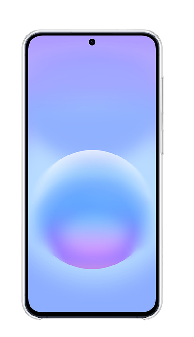 Un elegante smartphone muestra una pantalla con un fondo degradado azul y morado.