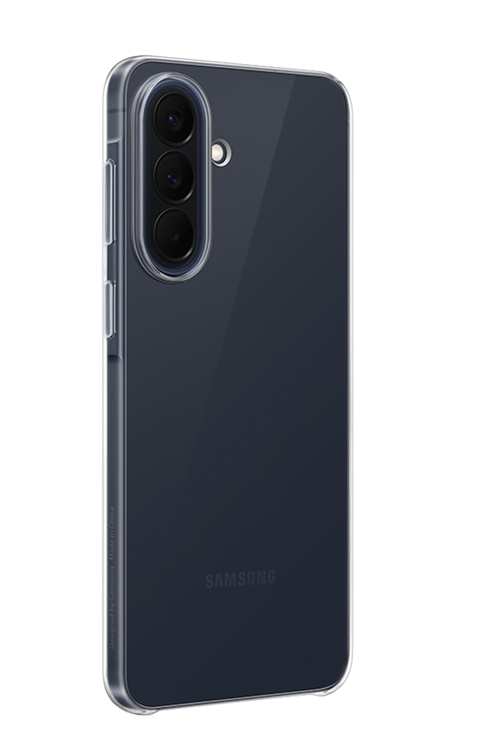 Parte trasera de un smartphone oscuro con triple cámara y logo Samsung.