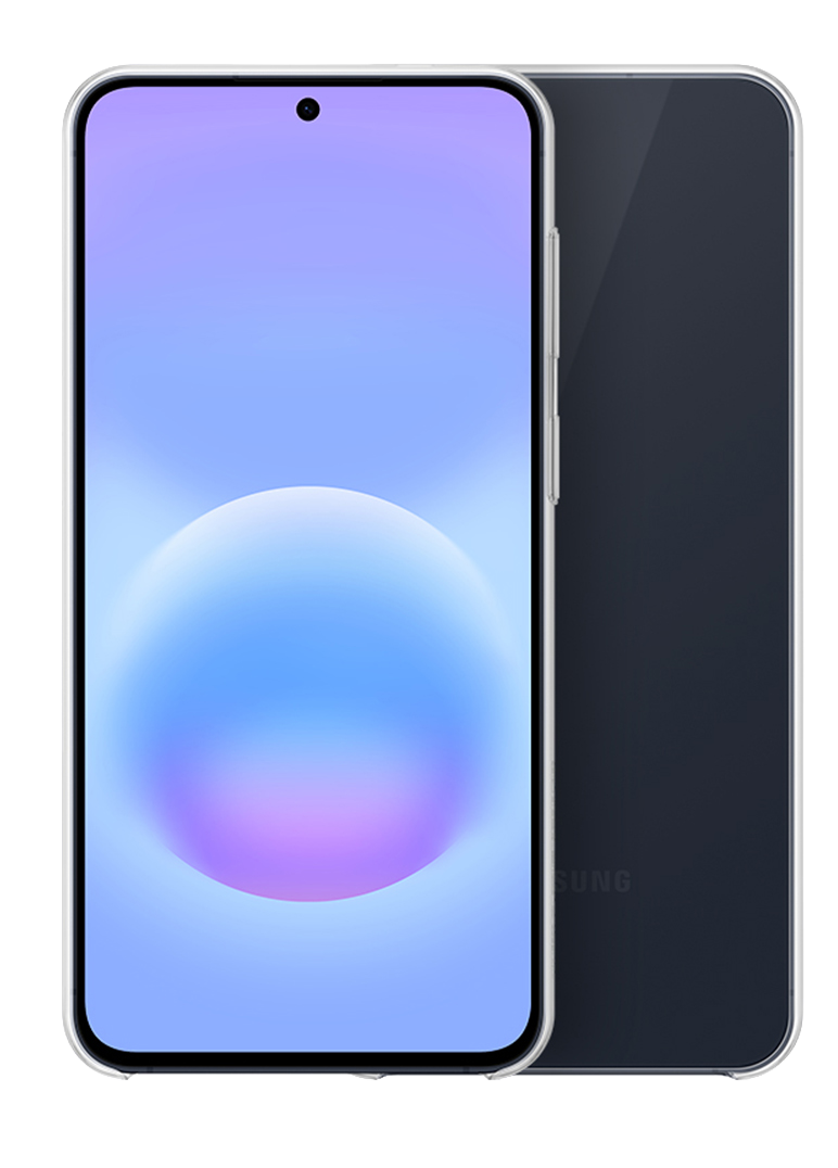 Un smartphone oscuro con fondo de pantalla azul y morado.