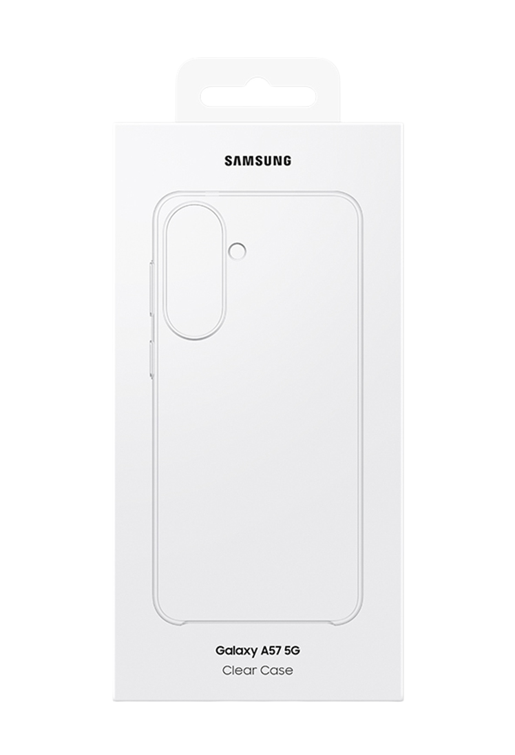 Embalaje blanco Samsung para Galaxy A57 5G Clear Case con contorno de móvil.