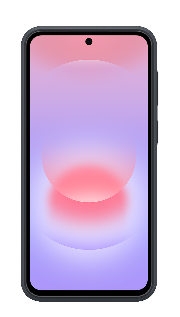 Un smartphone oscuro que muestra un degradado de rosa a púrpura en su pantalla.