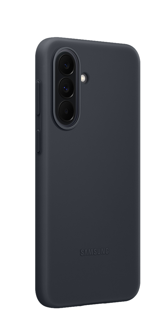 Funda de teléfono gris oscuro con tres lentes de cámara y logo Samsung.
