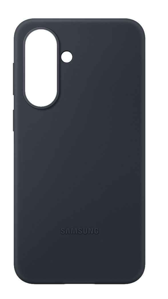 Funda gris oscura para teléfono Samsung con recorte de cámara y logo.