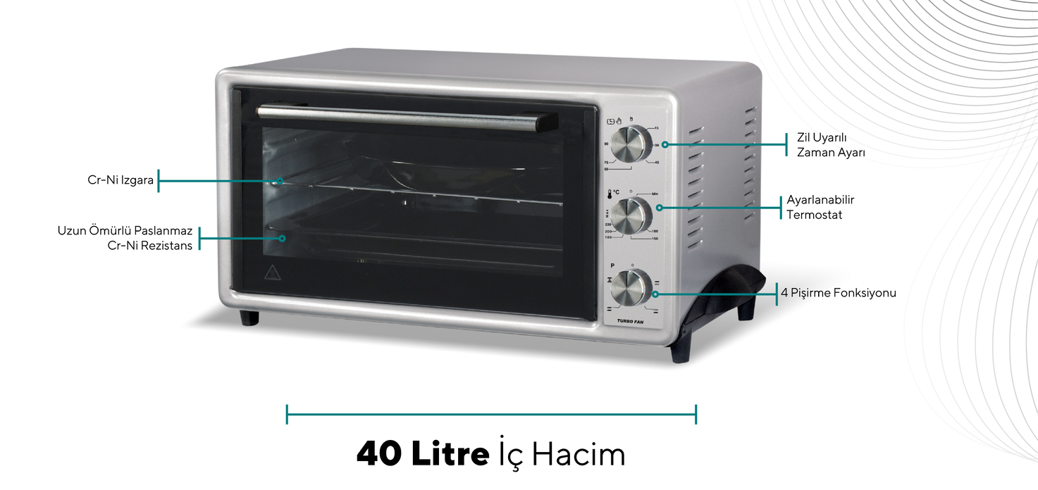 40 litre kapasiteli gümüş renkte bir tezgah üstü fırın. Zamanlayıcı, termostat ve pişirme modları için düğmeleri var.