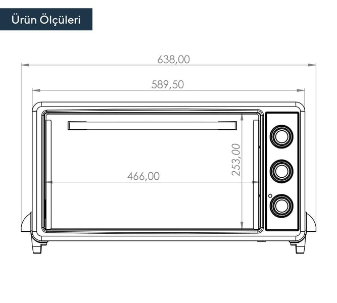 Fırının teknik çizimi, ölçüler: 638x466x253 mm.