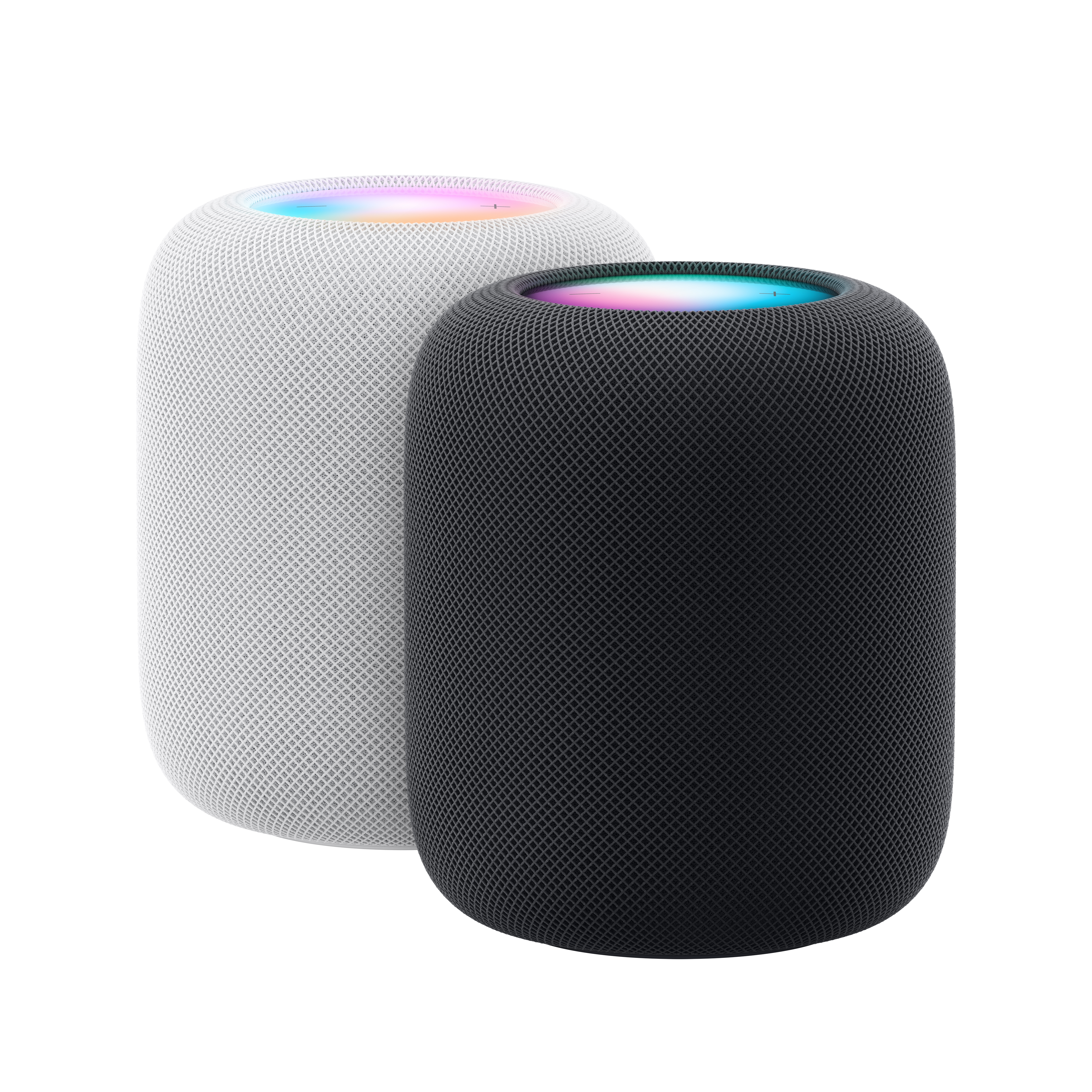 İki adet Apple HomePod, biri siyah, biri beyaz, aydınlatmalı üst halkalı.