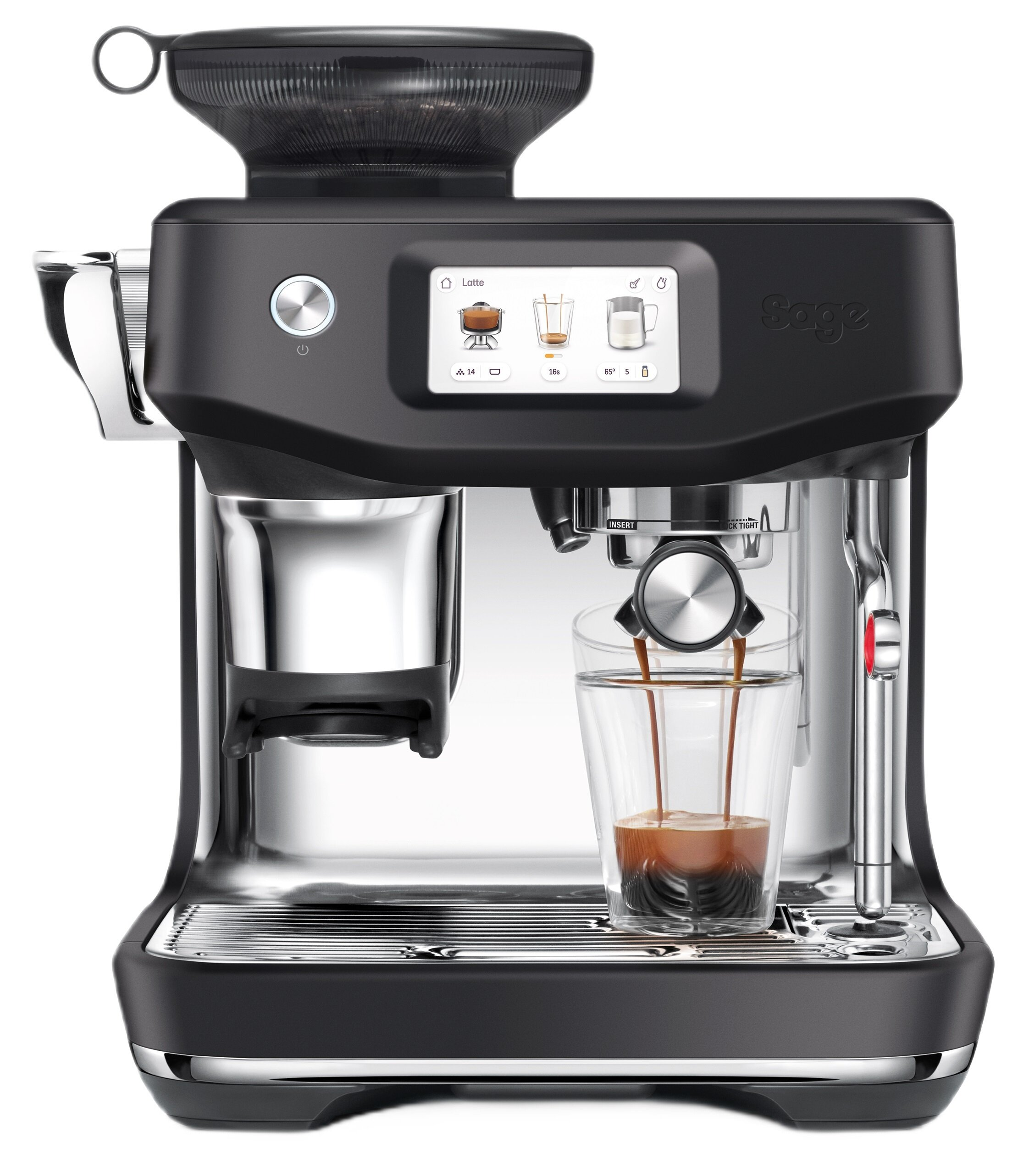 Czarna maszyna do espresso z srebrnymi akcentami parzy kawę do szklanki.