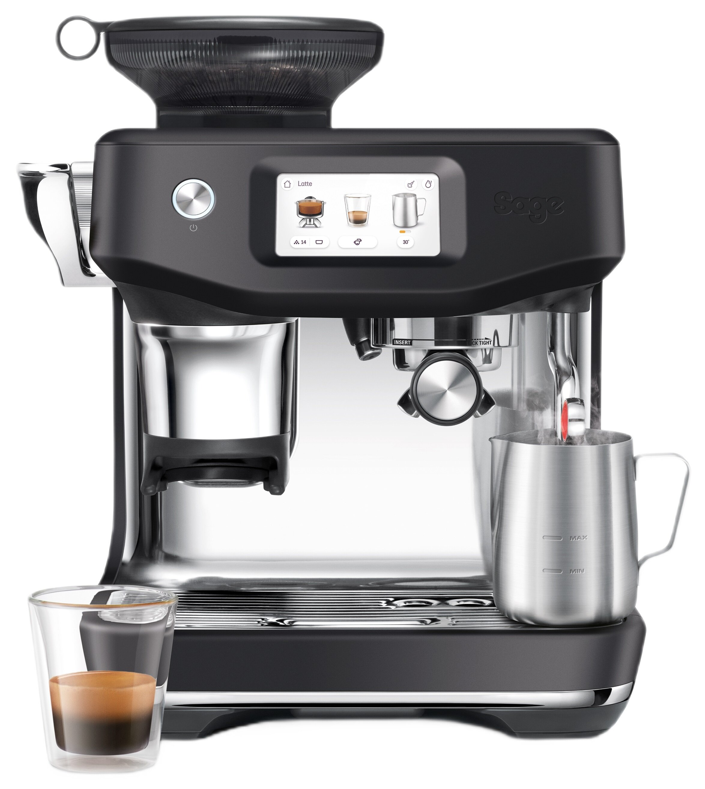 Czarna ekspres do kawy z kolbą, szklanką i dzbankiem na mleko. Para unosi się.