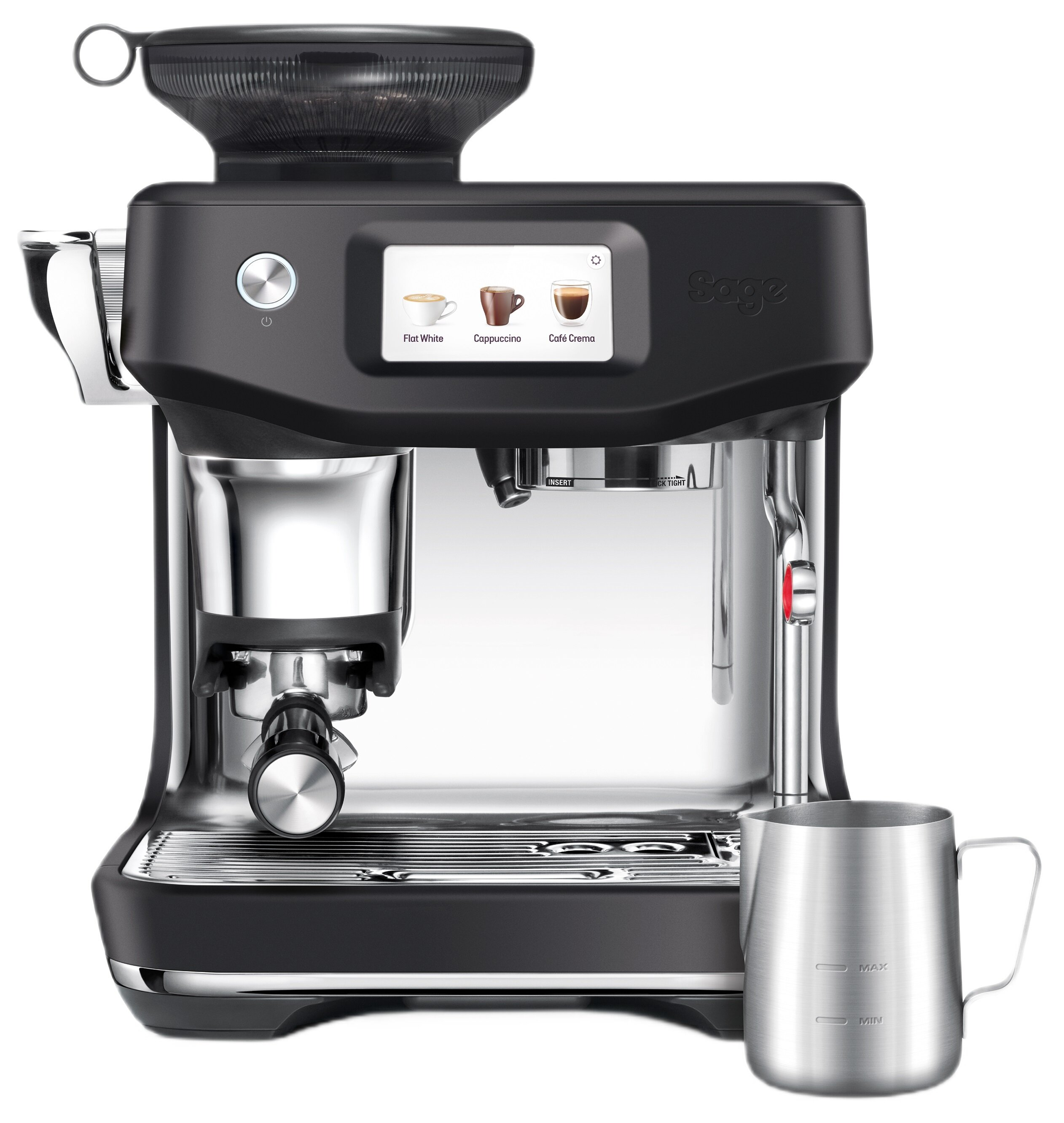 Czarny ekspres do kawy z ekranem dotykowym i dzbankiem na mleko.