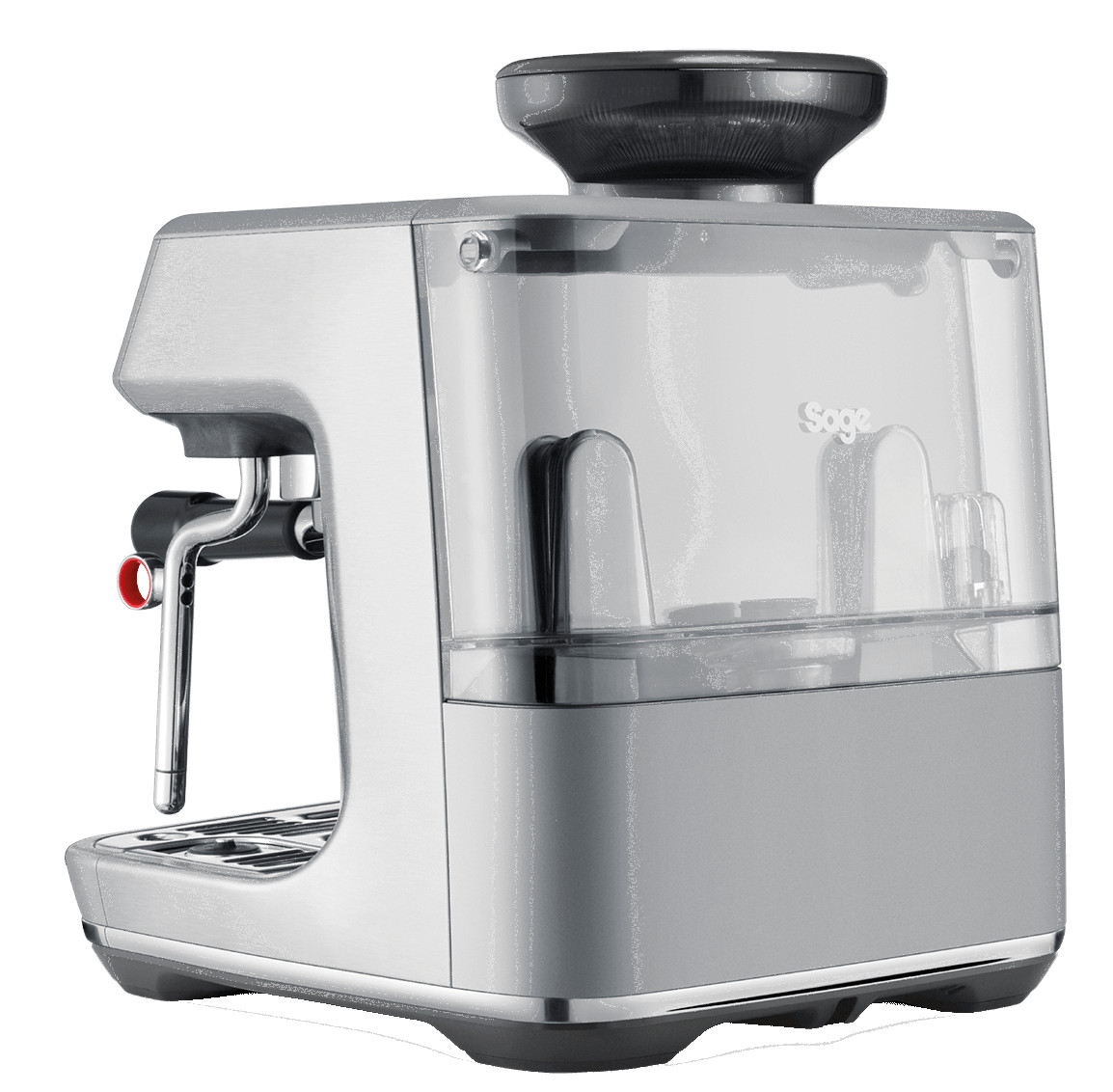 Srebrna maszyna do espresso z przezroczystym zbiornikiem na wodę i zintegrowaną młynkiem.