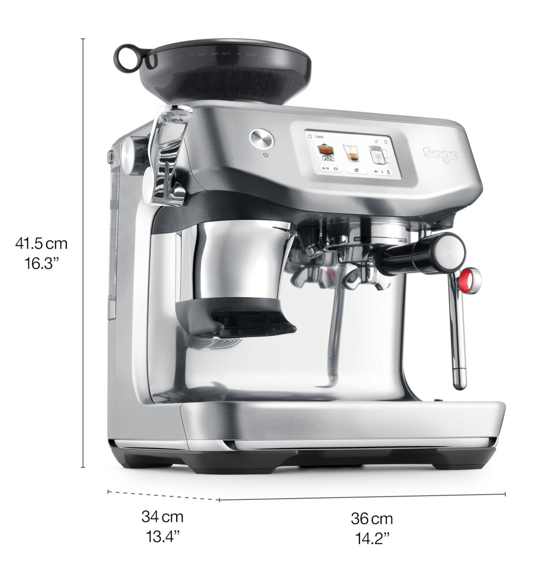 Srebrna ekspres do kawy z kolbą, dzbankiem na mleko i ekranem dotykowym.