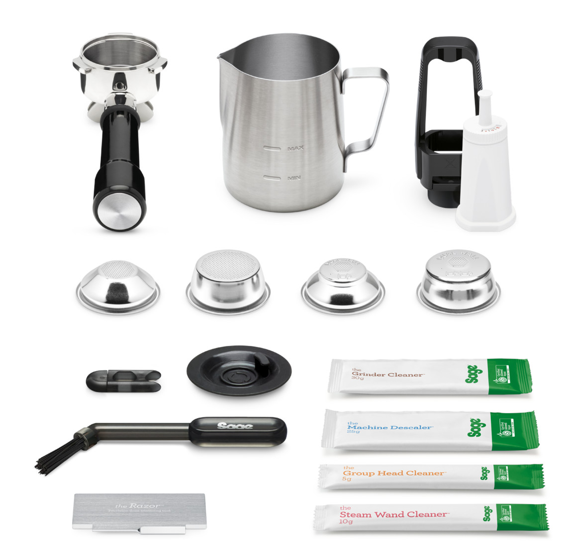 Akcesoria do ekspresu do kawy: portafilter, dzbanek, uchwyt filtra, sitka, szczotka, środki czystości.