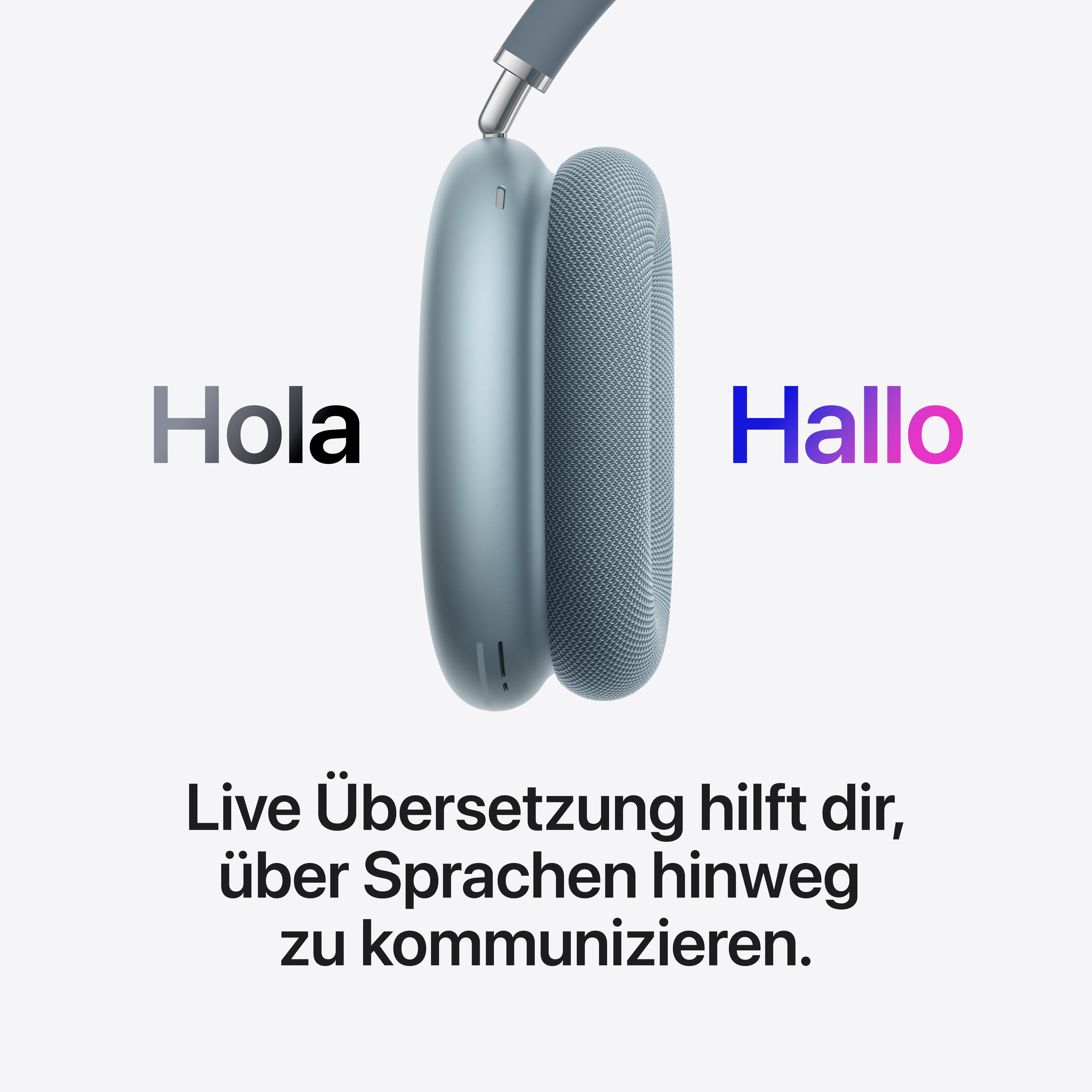 Blaue Kopfhörer neben den Wörtern "Hola" und "Hallo".