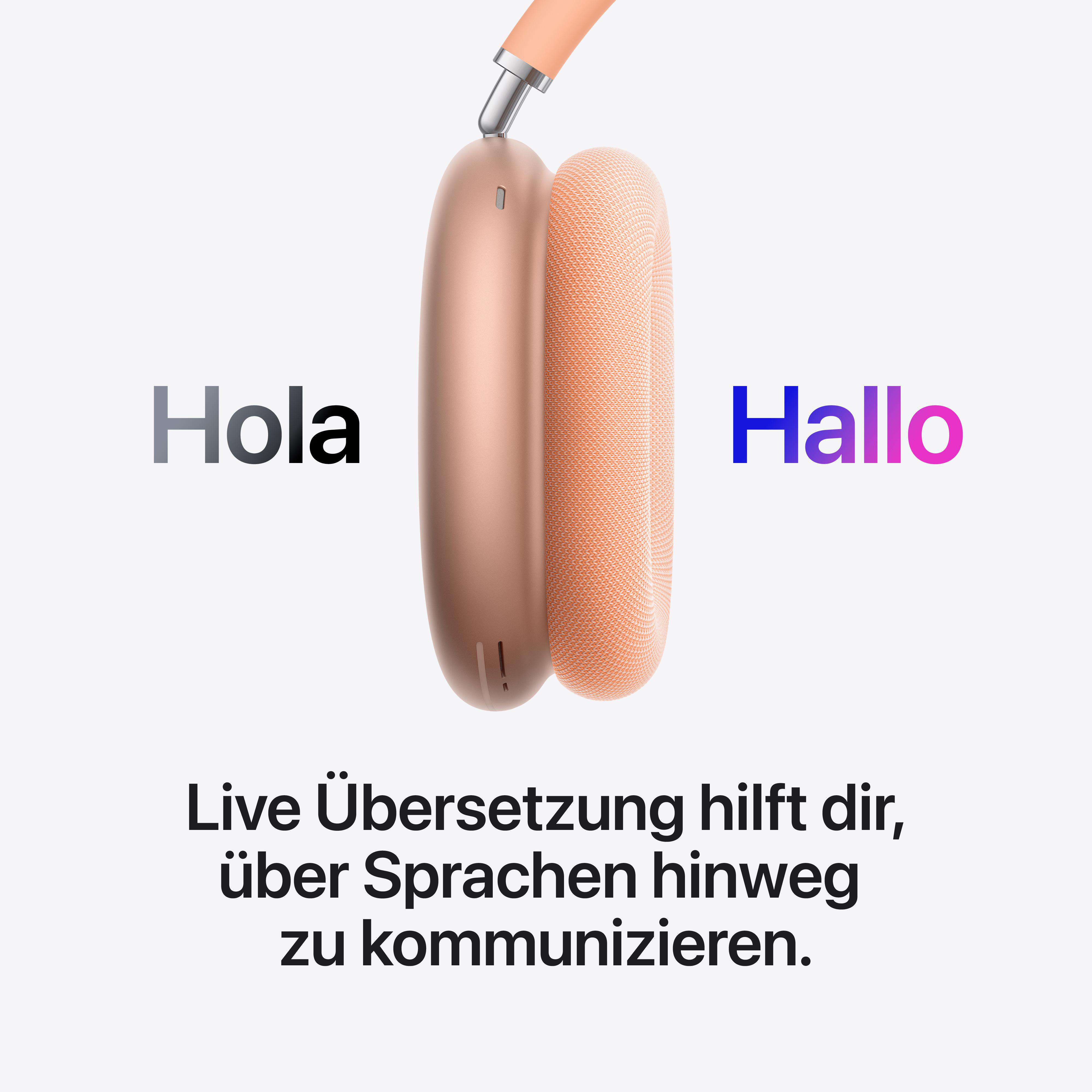Kopfhörer mit „Hola“ und „Hallo“. Live-Übersetzung hilft.