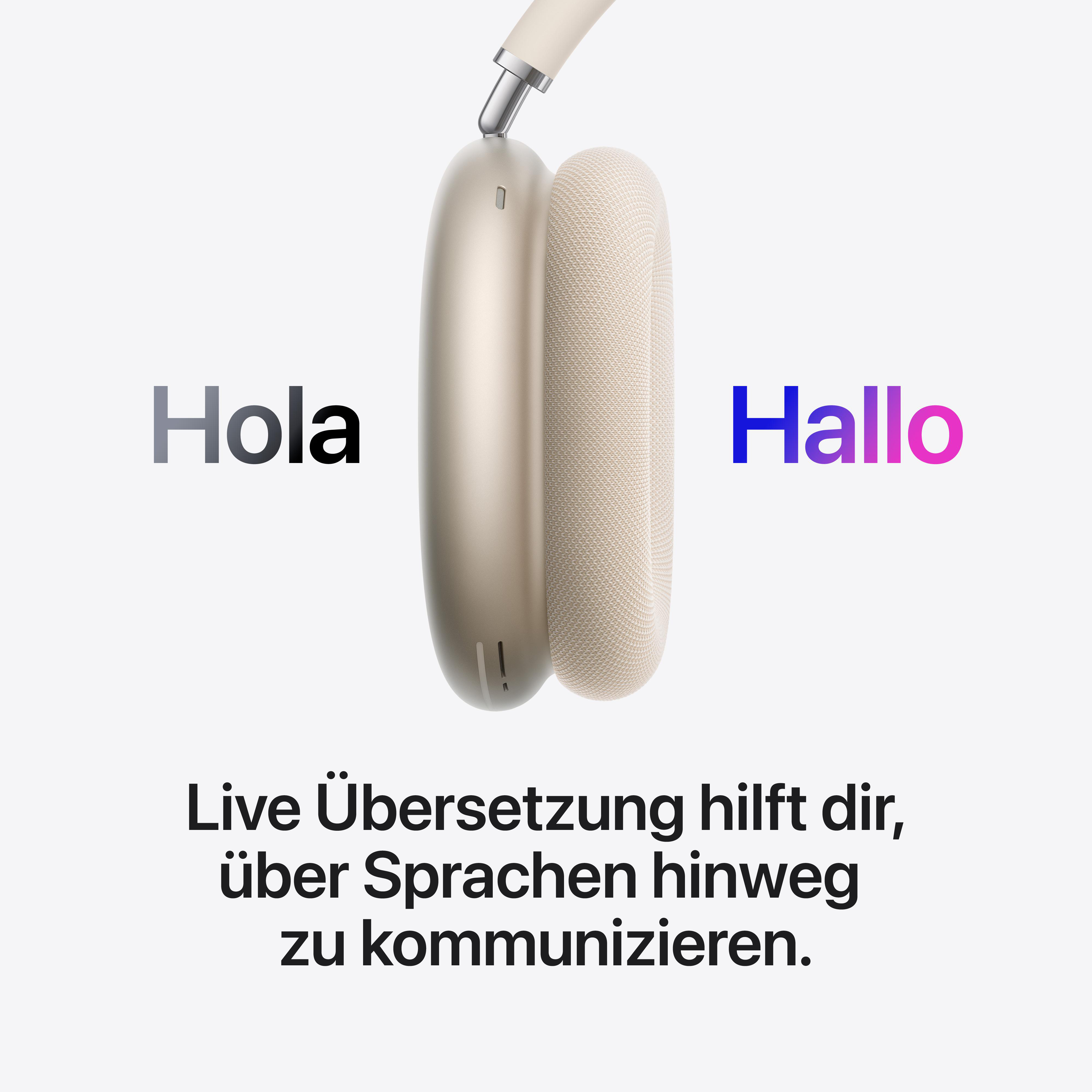 Kopfhörer mit "Hola" und "Hallo" für Live-Übersetzung.