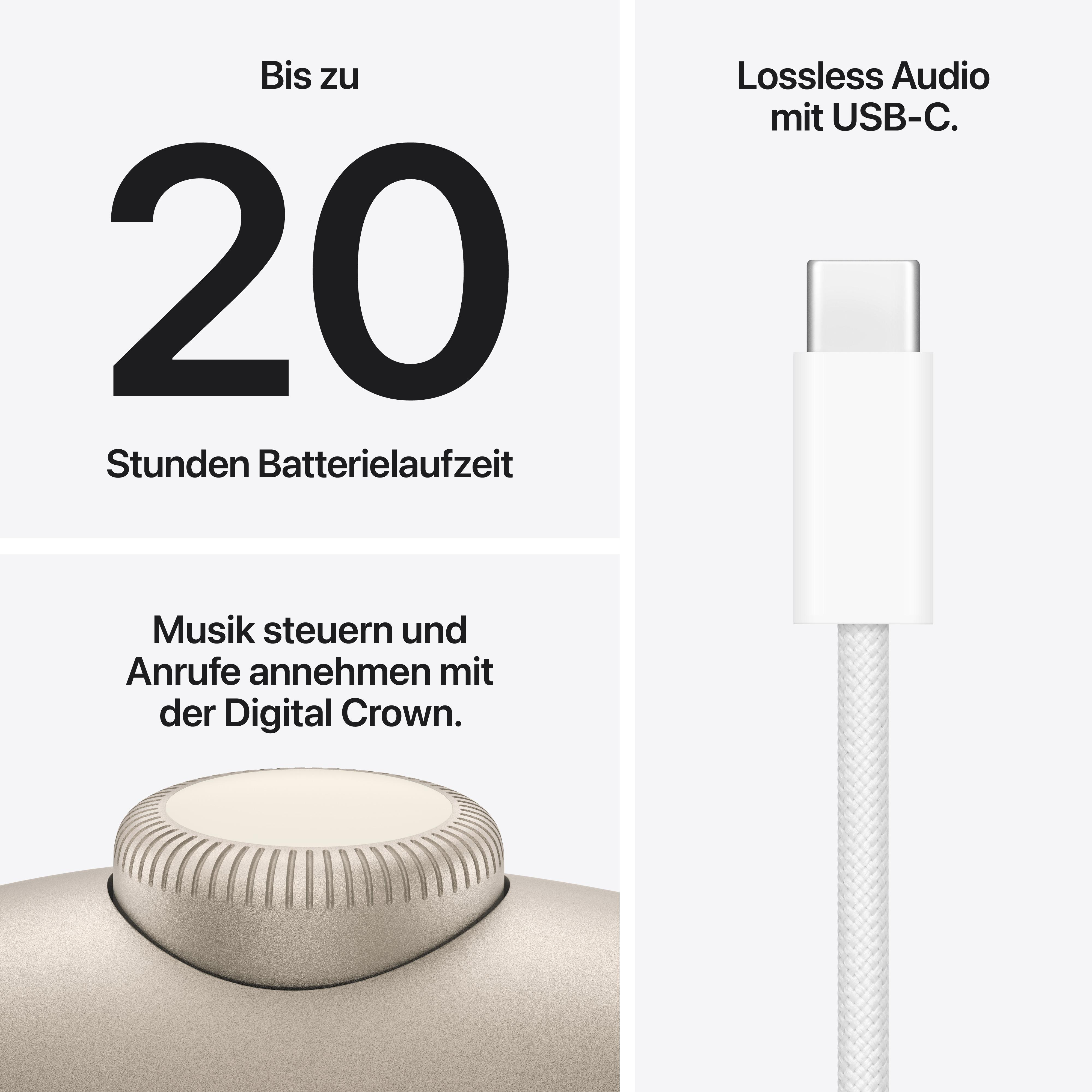 Bis zu 20 Stunden Batterielaufzeit, Steuerung mit Digital Crown, Lossless Audio mit USB-C.