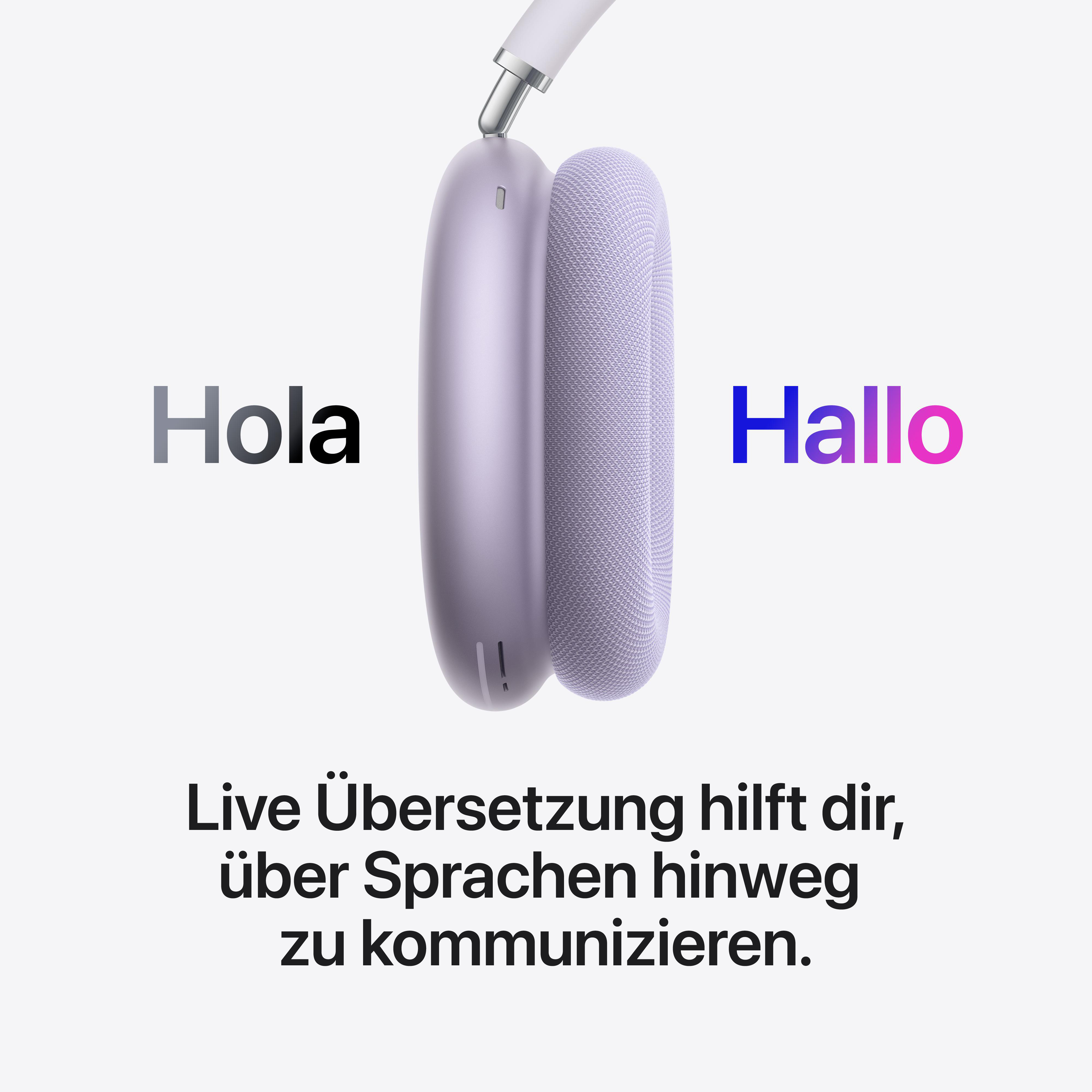 Ein lila Kopfhörer mit den Wörtern Hola und Hallo.