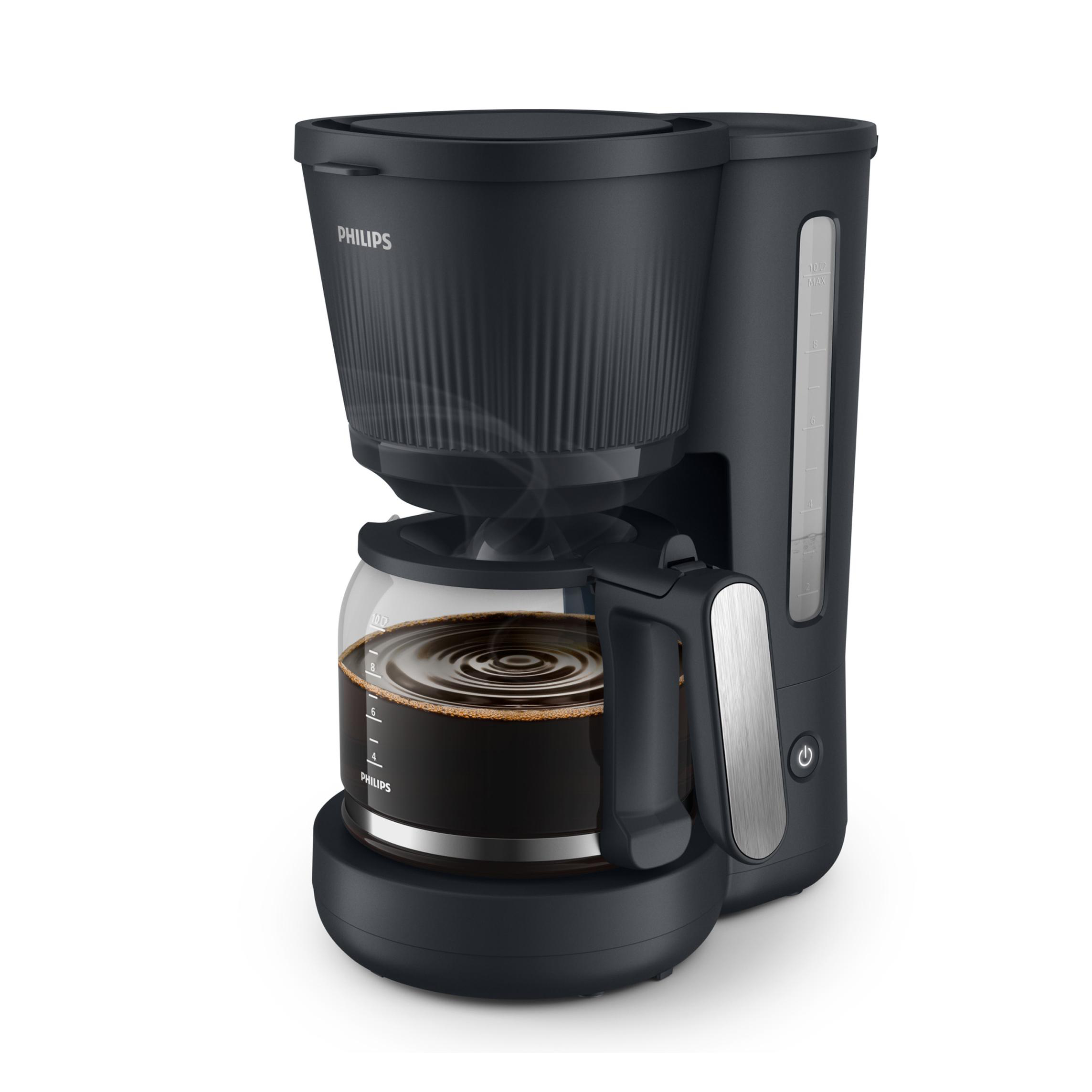 Schwarzer Philips Kaffeautomat mit Glaskanne, gefüllt mit Kaffee.