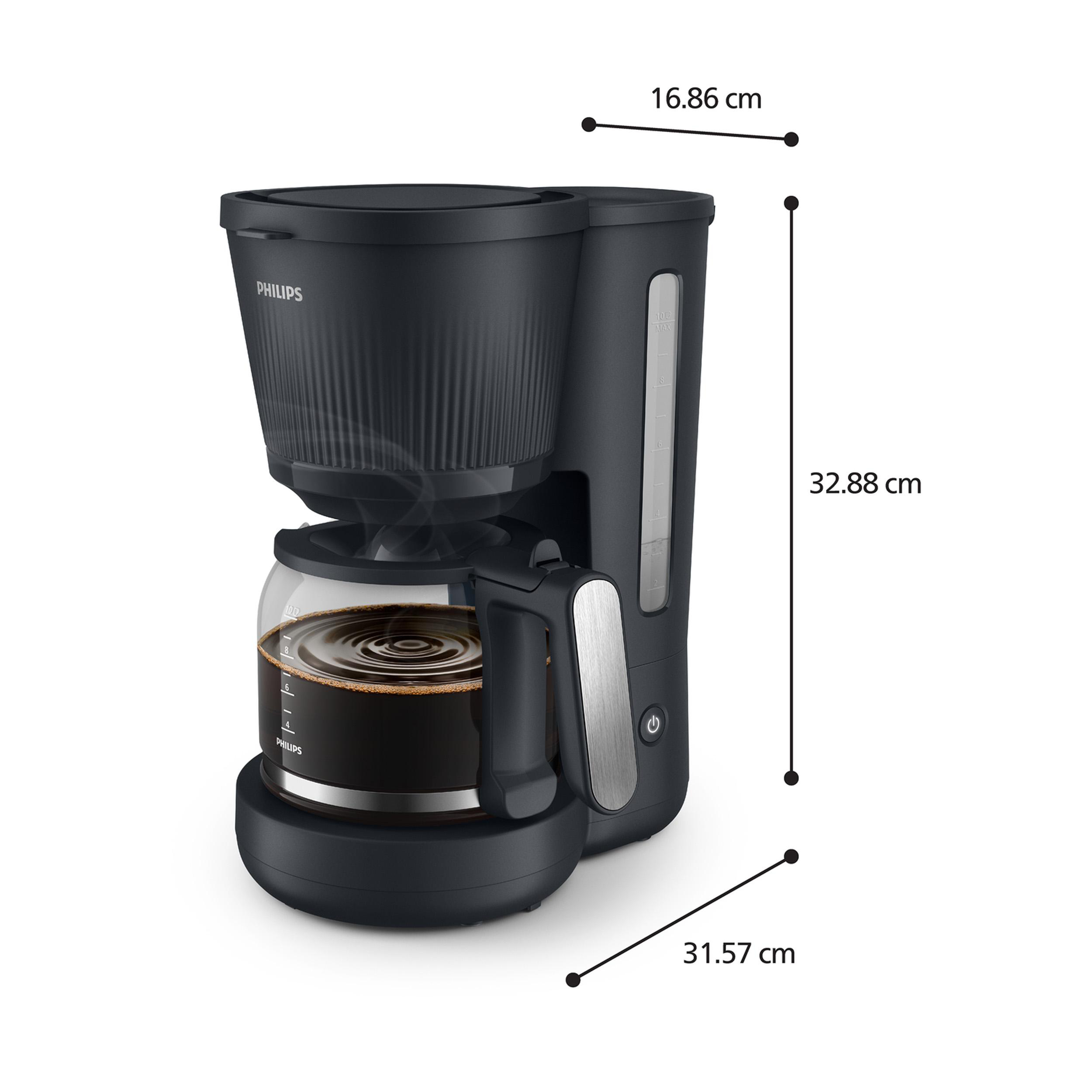 Schwarze Philips Kaffeemaschine mit Glaskanne und Kaffee. Maße angegeben.