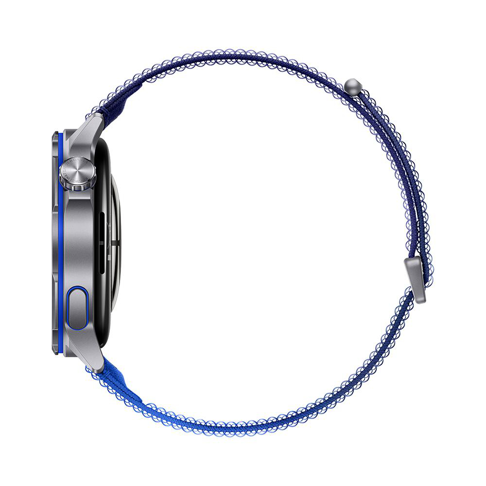 Silberne Smartwatch mit blauem Band und silbernen Details.