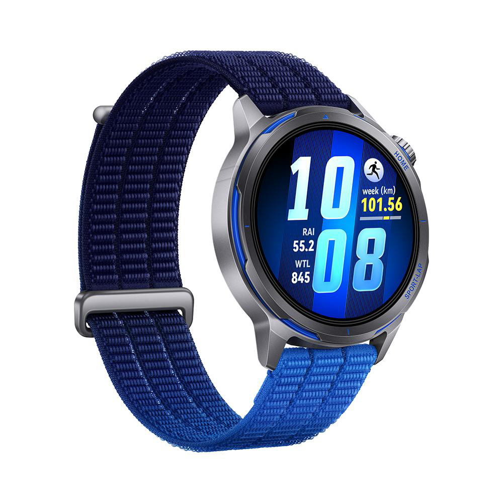 Graue Smartwatch mit blauem Stoffarmband. Zifferblatt zeigt 10:08 Uhr.