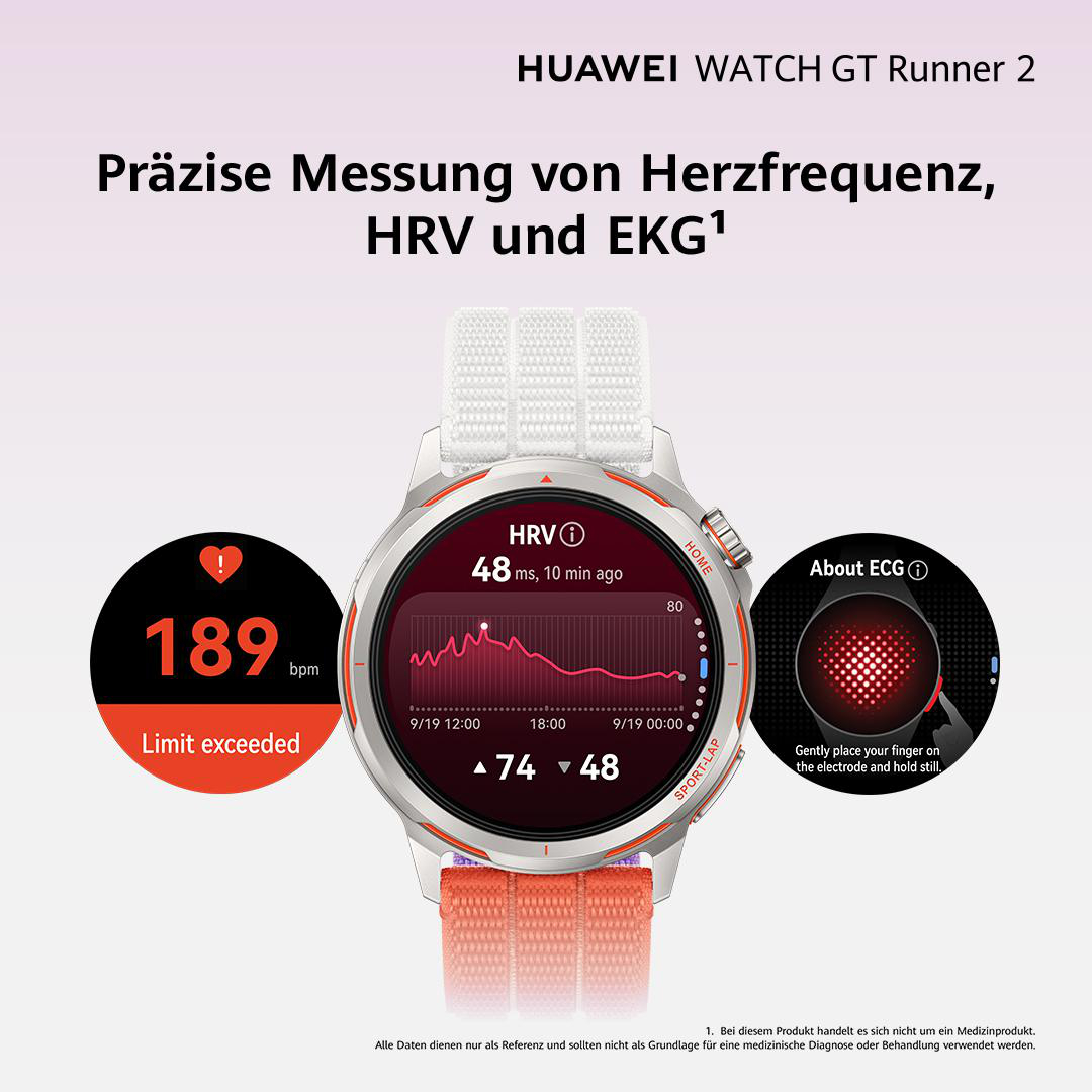 Huawei Watch GT Runner 2 mit Herzfrequenzmessung, HRV und EKG-Funktion.
