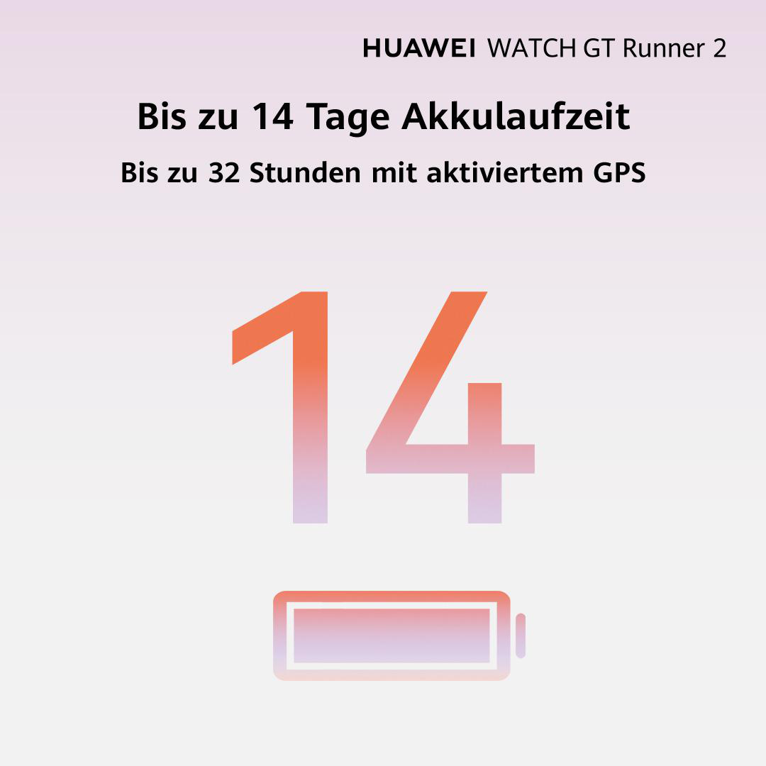 HUAWEI WATCH GT Runner 2: Bis zu 14 Tage Akkulaufzeit, 32 Std. mit GPS.