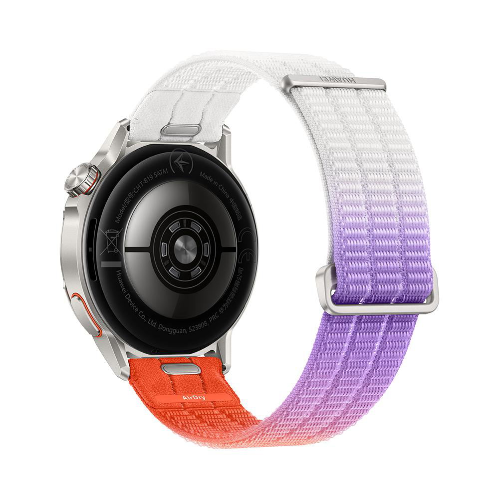 Eine Smartwatch mit silbernem Gehäuse und einem Stoffarmband, das von Weiß über Lila zu Orange verläuft.