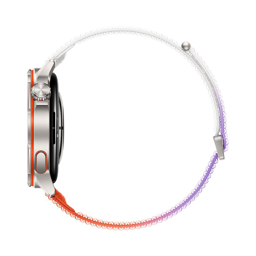 Eine Smartwatch mit einem silbernen Gehäuse und einem Armband, das von Weiß zu Lila verläuft.