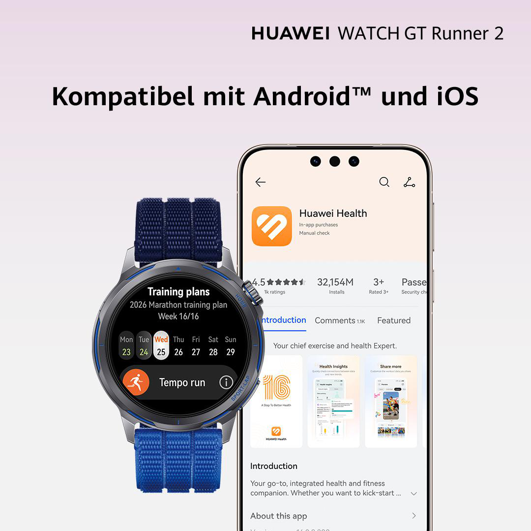 Huawei Watch GT Runner 2 mit blauer Lünette und Armband, zeigt Trainingsplan.