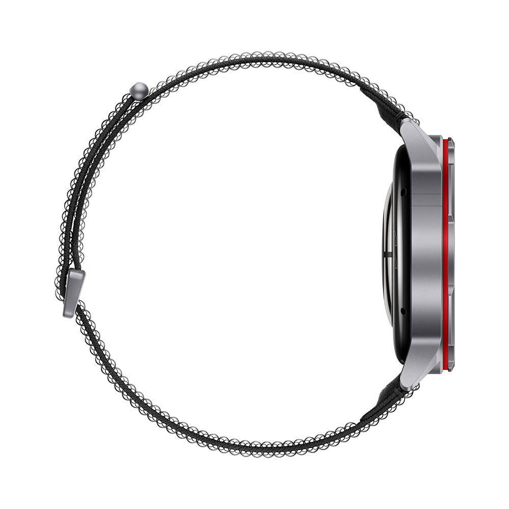 Graue Smartwatch mit schwarzem Band und rotem Akzent.