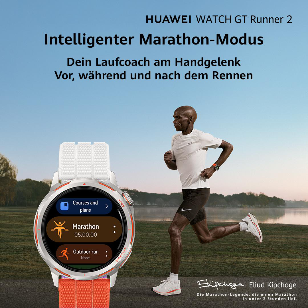 Ein Mann läuft, eine Smartwatch zeigt Marathon-Modus. Huawei Watch GT Runner 2.